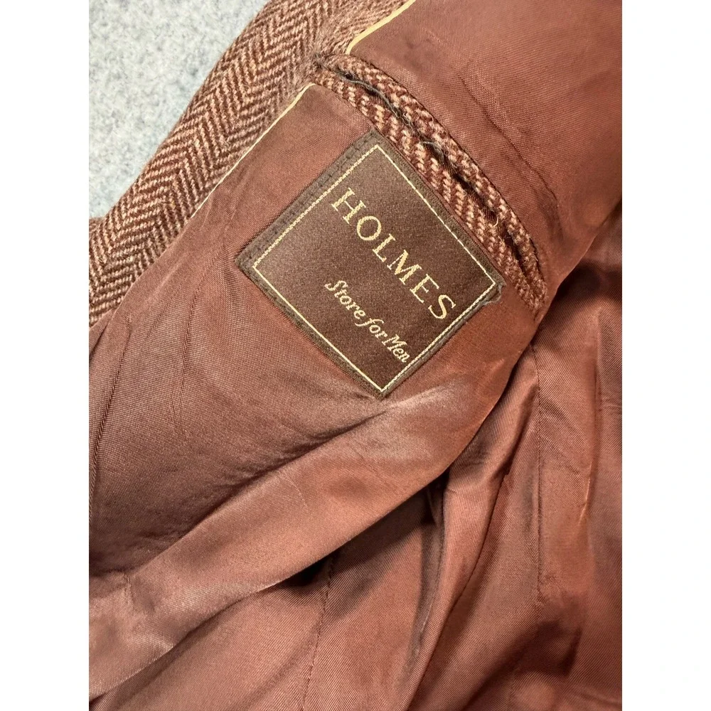 Vintage Holmes Men Brown Herringbone Wool Blazer Elbow Patches 45 Chest